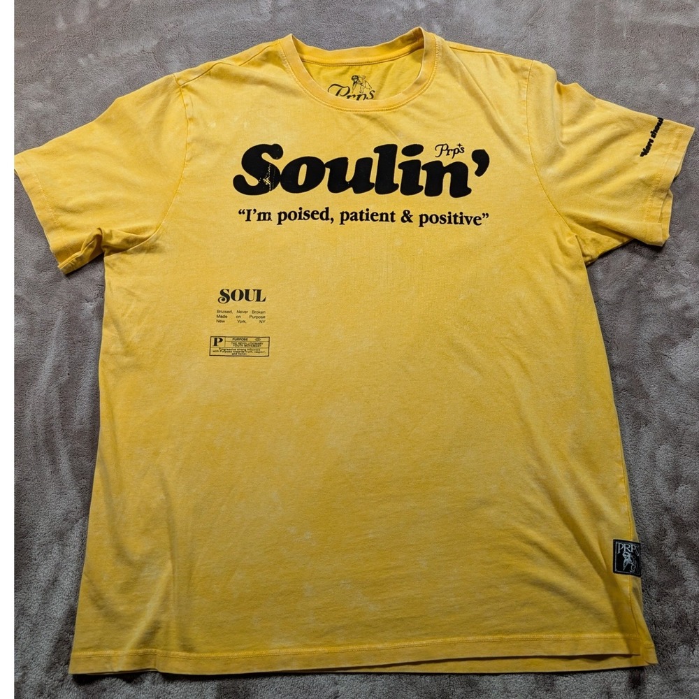 PRPS Graphic T-Shirt Mens XL Yellow Mineral Wash Soulin Bruised Never Broken 68